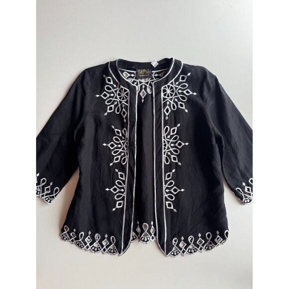 Vintage 00's BOB MACKIE Black Linen Rayon White Embroidered Open Jacket, Size XS - Picture 5 of 13
